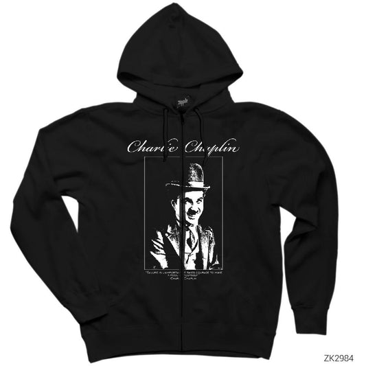 Charlie Chaplin Quotes Siyah Fermuarlı Kapşonlu Sweatshirt