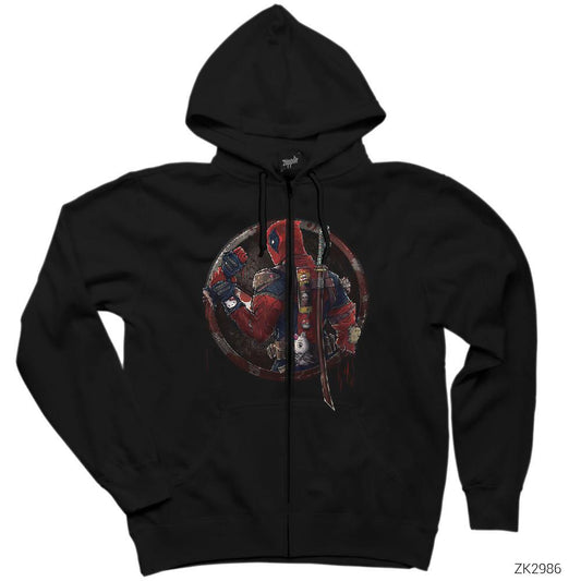 Deadpool Distorted Siyah Fermuarlı Kapşonlu Sweatshirt