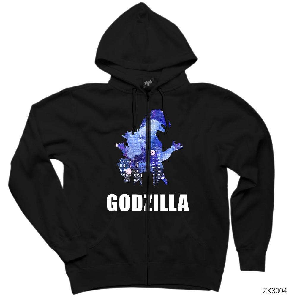 Godzilla in City Siyah Fermuarlı Kapşonlu Sweatshirt
