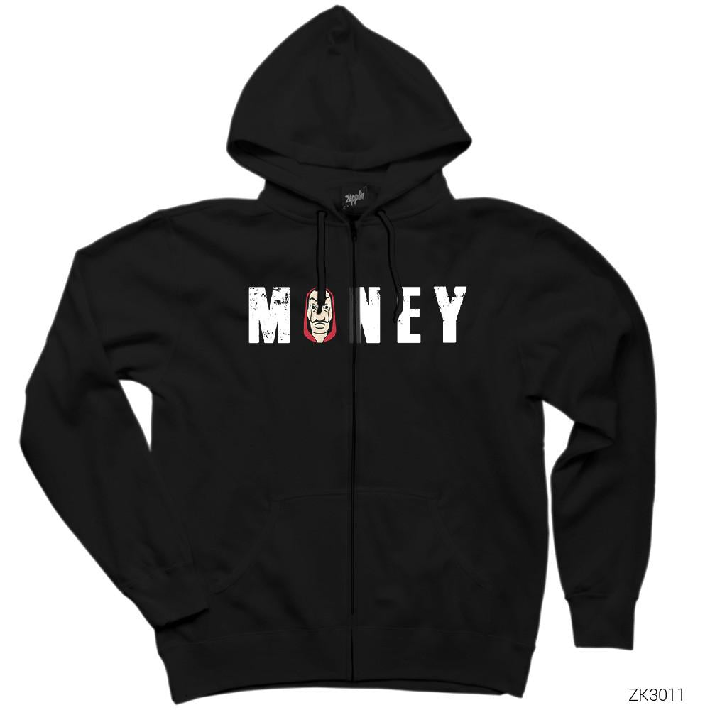La Casa de Papel Money Siyah Fermuarlı Kapşonlu Sweatshirt