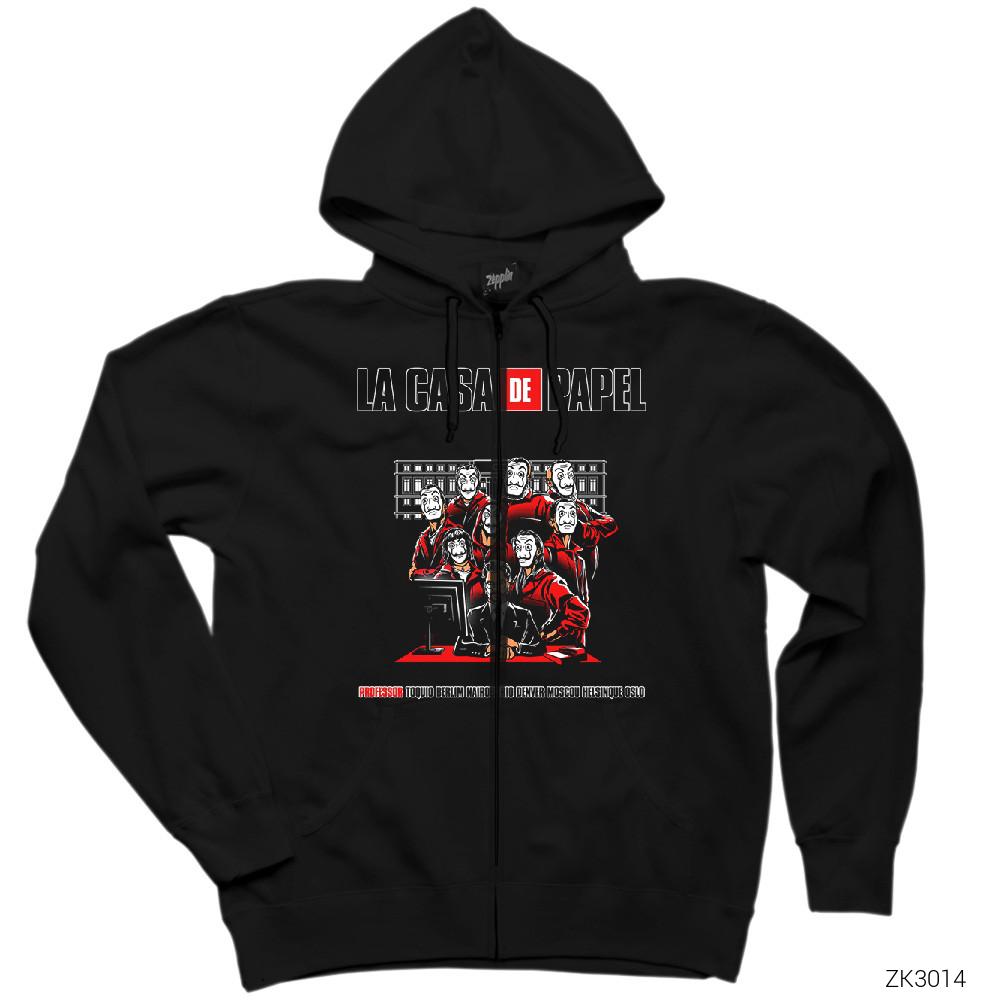 La Casa de Papel Team Siyah Fermuarlı Kapşonlu Sweatshirt