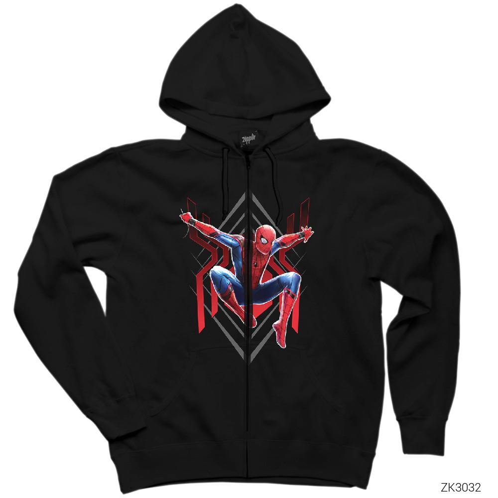 Spiderman Jump Siyah Fermuarlı Kapşonlu Sweatshirt