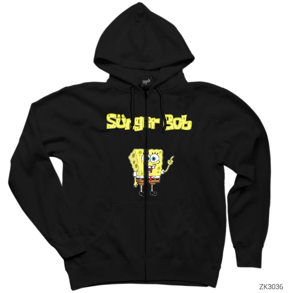 Sünger Bob Siyah Fermuarlı Kapşonlu Sweatshirt