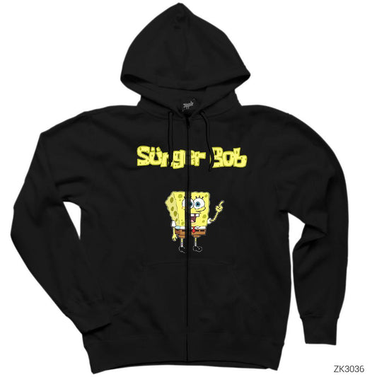 Sünger Bob Siyah Fermuarlı Kapşonlu Sweatshirt