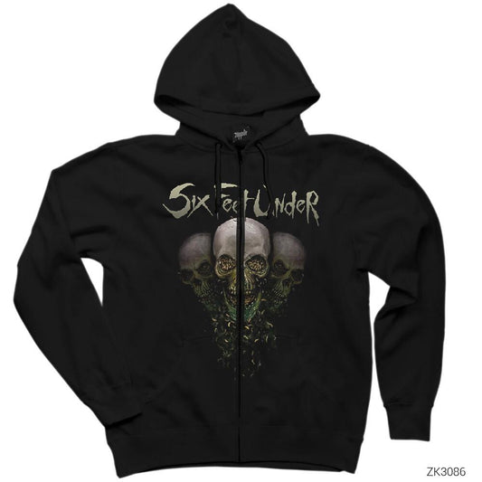 Six Feet Under Skulls Siyah Fermuarlı Kapşonlu Sweatshirt