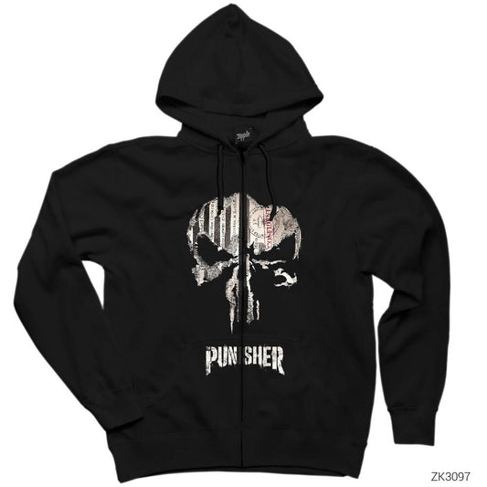 Punisher Confident Siyah Fermuarlı Kapşonlu Sweatshirt