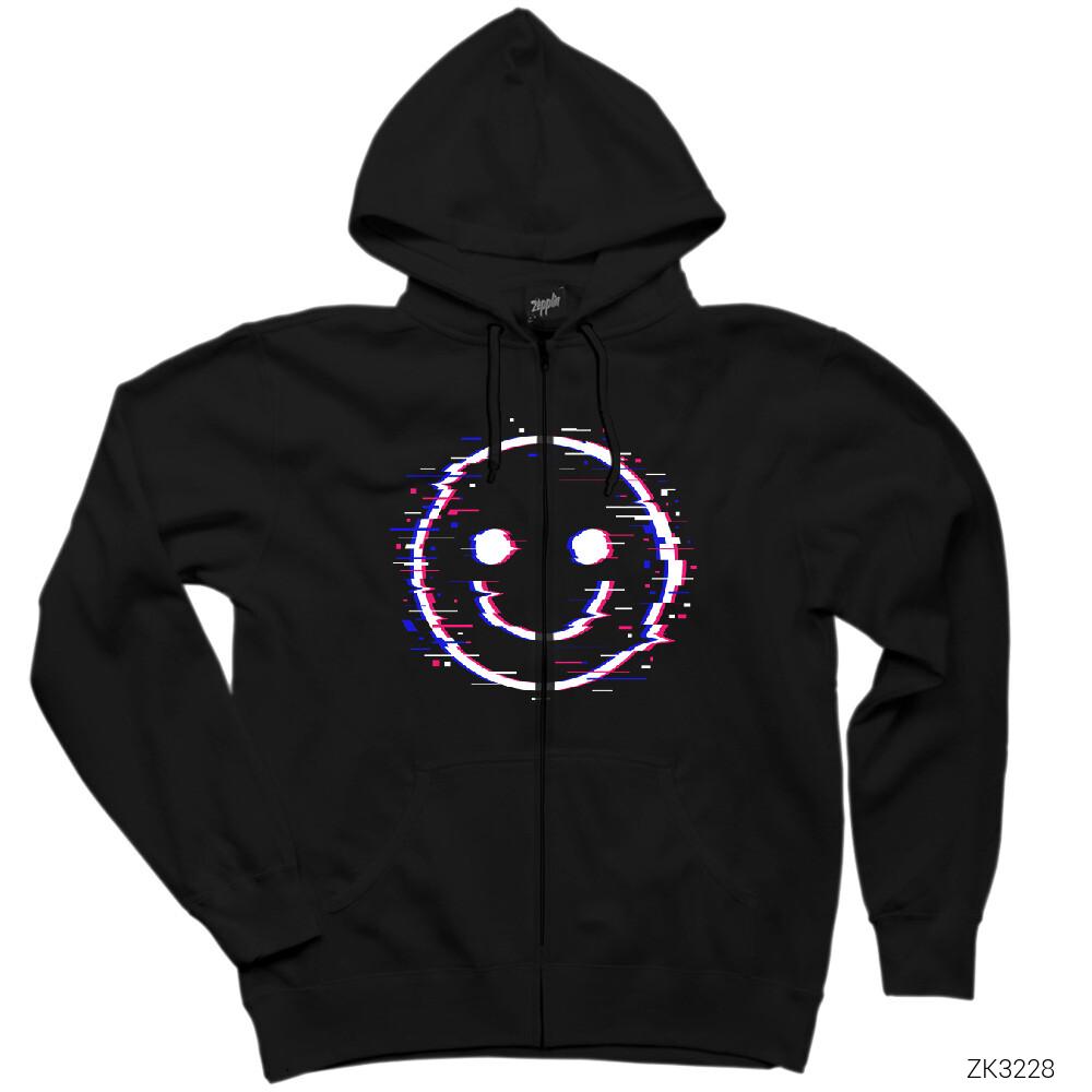 Glitch Face Siyah Fermuarlı Kapşonlu Sweatshirt