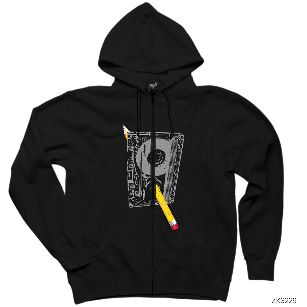 Kaset Siyah Fermuarlı Kapşonlu Sweatshirt
