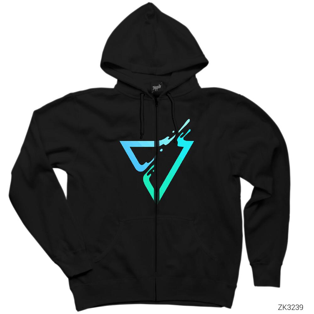 Triangle Logo Siyah Fermuarlı Kapşonlu Sweatshirt