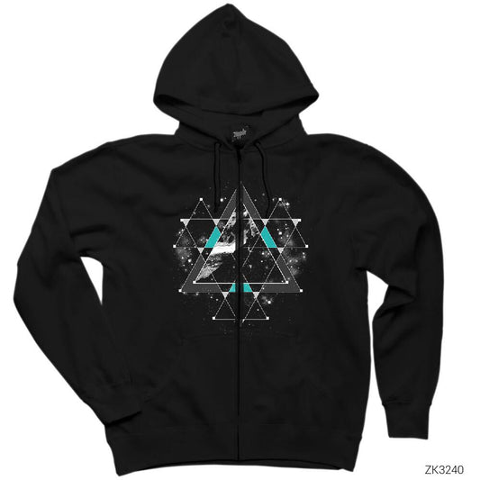 Triangle Space Siyah Fermuarlı Kapşonlu Sweatshirt