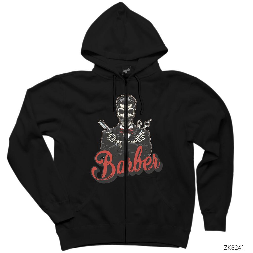 Barber Skull Siyah Fermuarlı Kapşonlu Sweatshirt