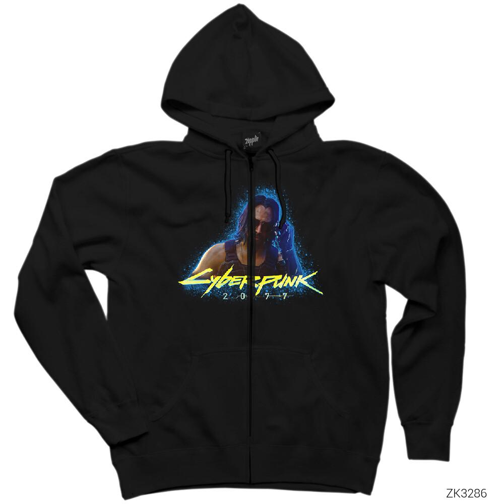 Cyberpunk 2077 Keanu Reeves Siyah Fermuarlı Kapşonlu Sweatshirt