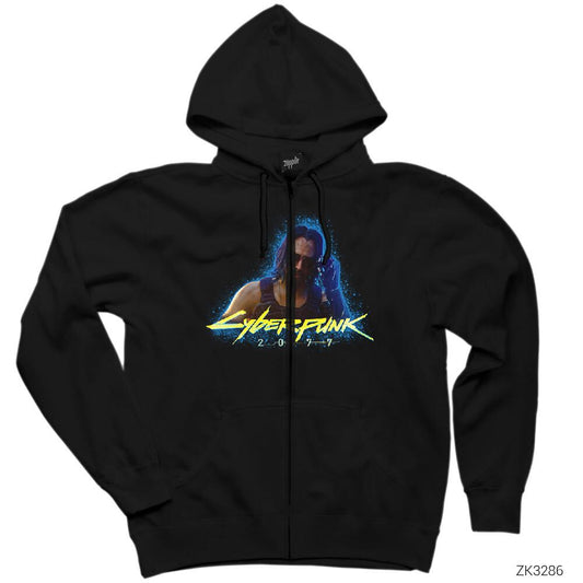 Cyberpunk 2077 Keanu Reeves Siyah Fermuarlı Kapşonlu Sweatshirt