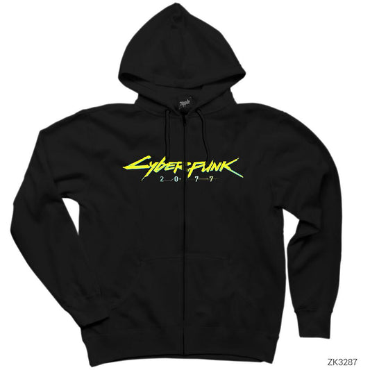 Cyberpunk 2077 Logo Siyah Fermuarlı Kapşonlu Sweatshirt