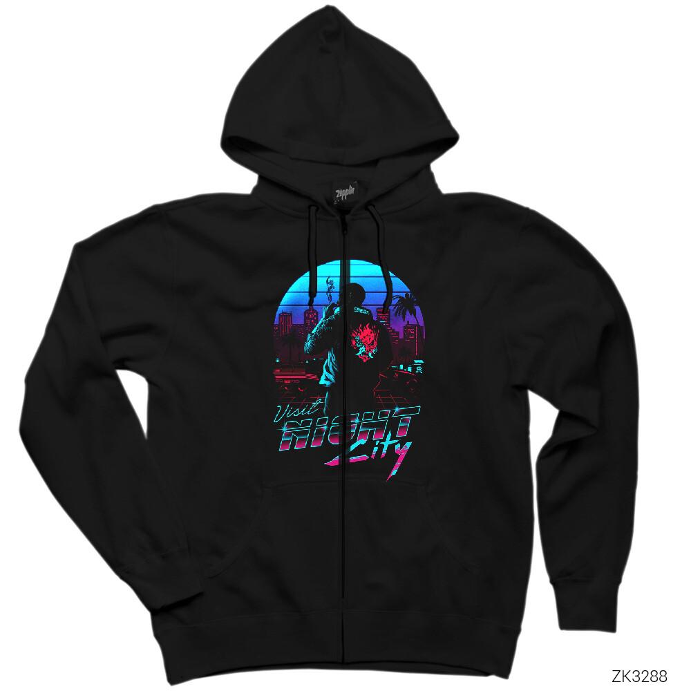 Cyberpunk 2077 Visit Night City Siyah Fermuarlı Kapşonlu Sweatshirt