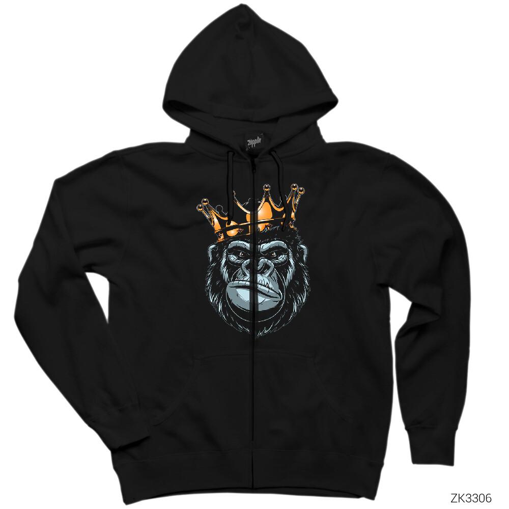 Gorilla King Siyah Fermuarlı Kapşonlu Sweatshirt