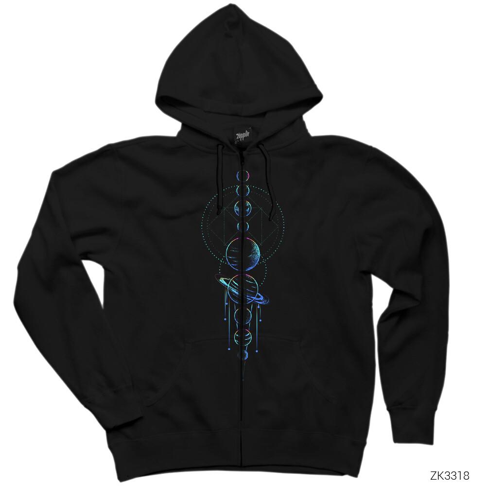 Uzay Güneş Sistemi Siyah Fermuarlı Kapşonlu Sweatshirt