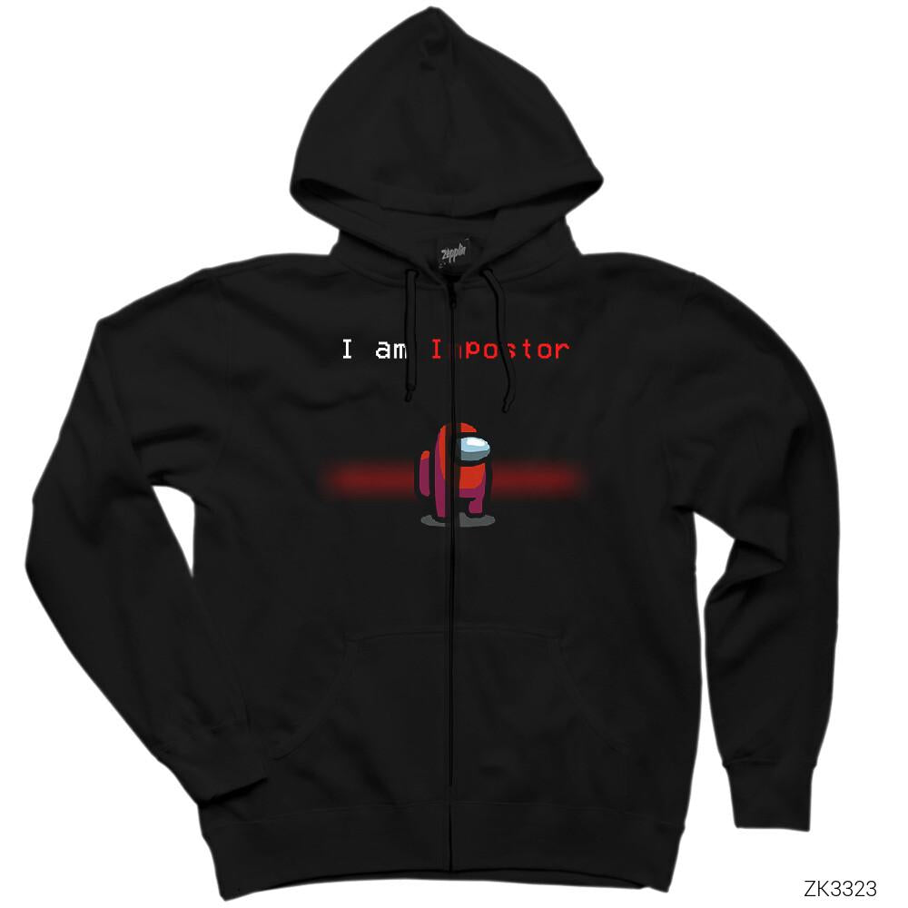 Among Us I am Impostor Siyah Fermuarlı Kapşonlu Sweatshirt