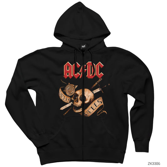 AC DC Hell Bells Skull Siyah Fermuarlı Kapşonlu Sweatshirt