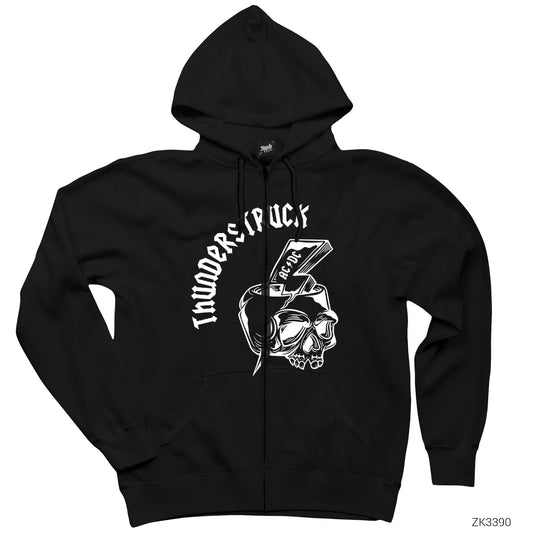 AC DC Thunderstuck Skull Siyah Fermuarlı Kapşonlu Sweatshirt