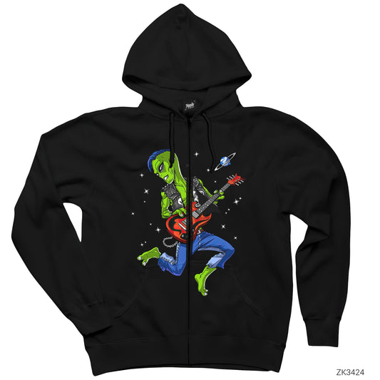 Alien Guitar Siyah Fermuarlı Kapşonlu Sweatshirt