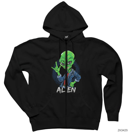Rock Star Alien Siyah Fermuarlı Kapşonlu Sweatshirt