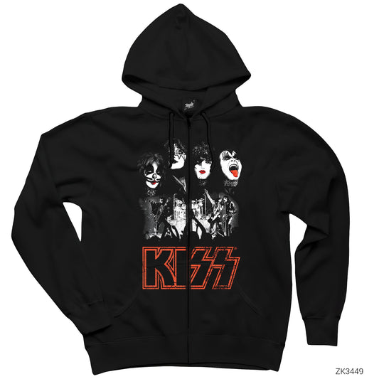 Kiss Rock the House Siyah Fermuarlı Kapşonlu Sweatshirt