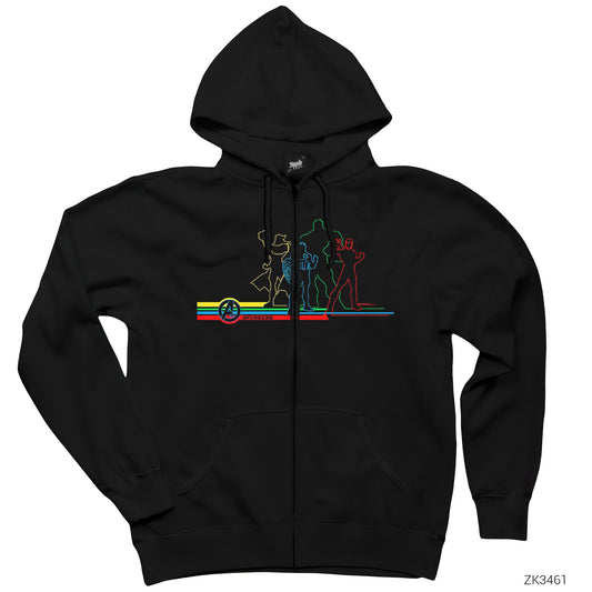Avengers Kahramanlar Outline Siyah Fermuarlı Kapşonlu Sweatshirt