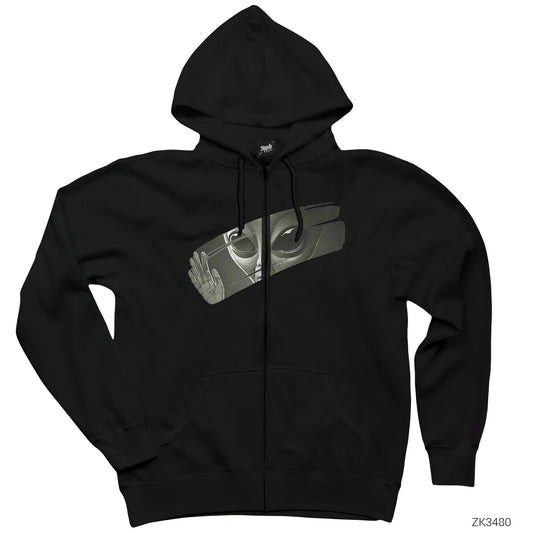 Alien Behind Glass Siyah Fermuarlı Kapşonlu Sweatshirt
