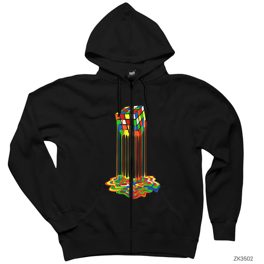 Rubix Cube Rainbow Siyah Fermuarlı Kapşonlu Sweatshirt
