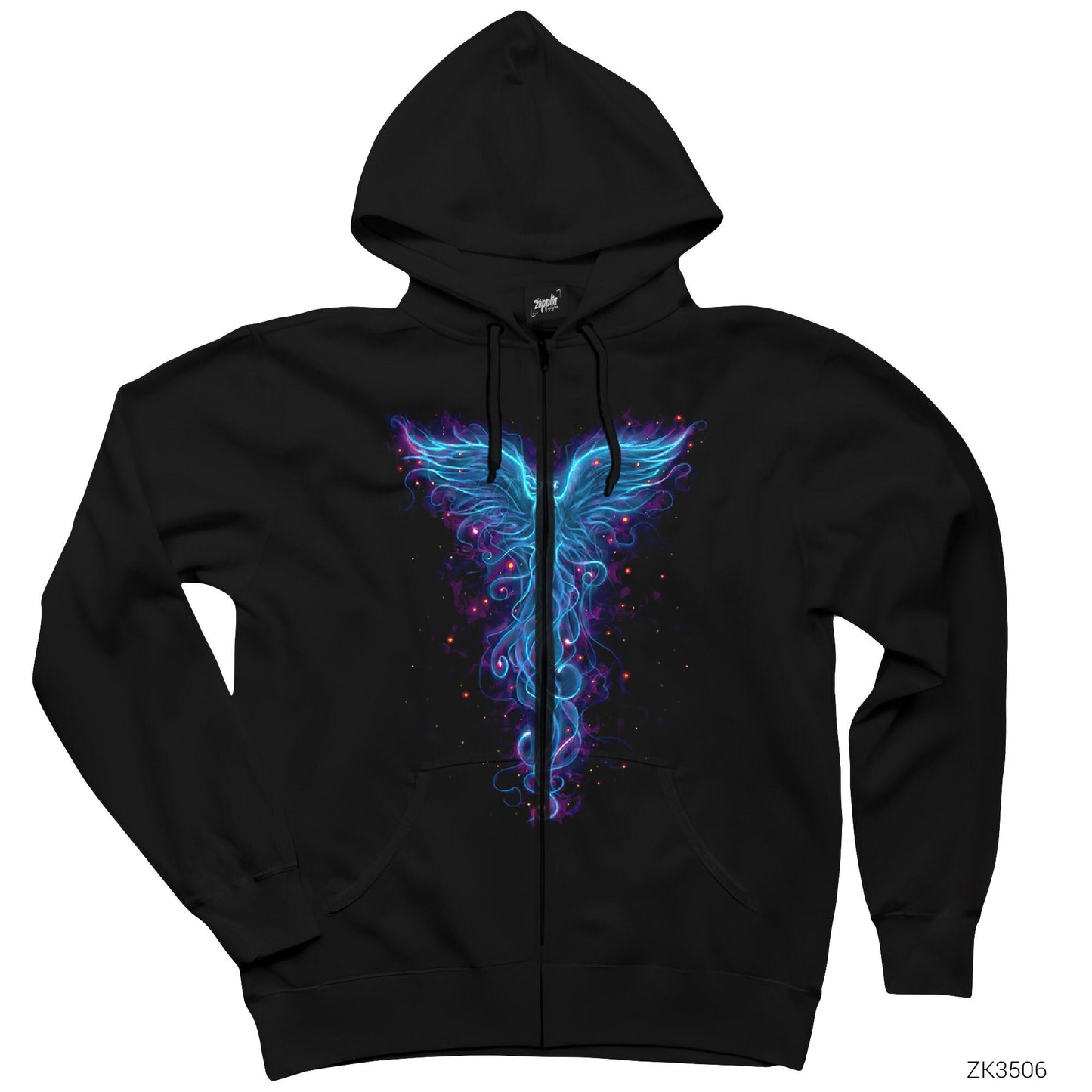 Anka Kuşu İllüzyon Siyah Fermuarlı Kapşonlu Sweatshirt