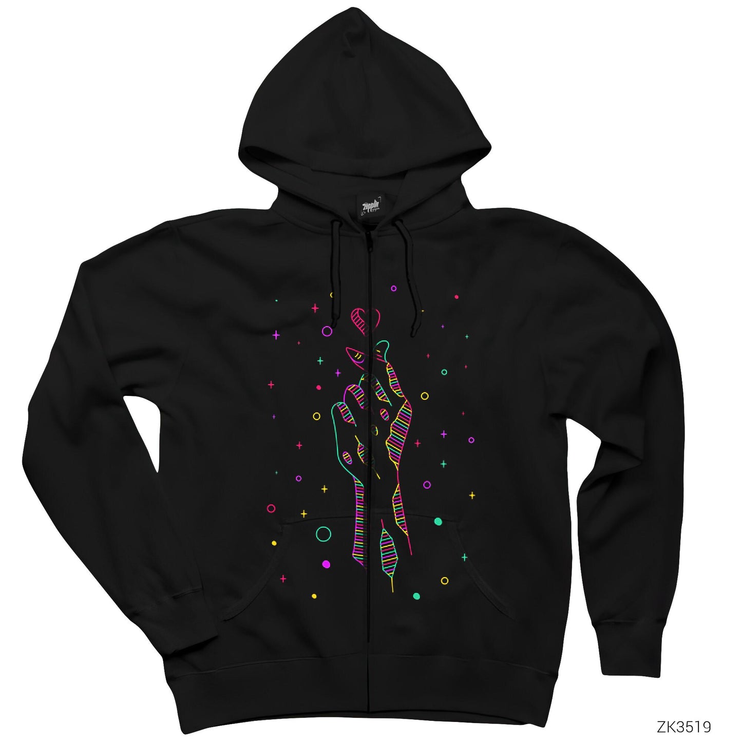 Aşk Yıldızları Siyah Fermuarlı Kapşonlu Sweatshirt