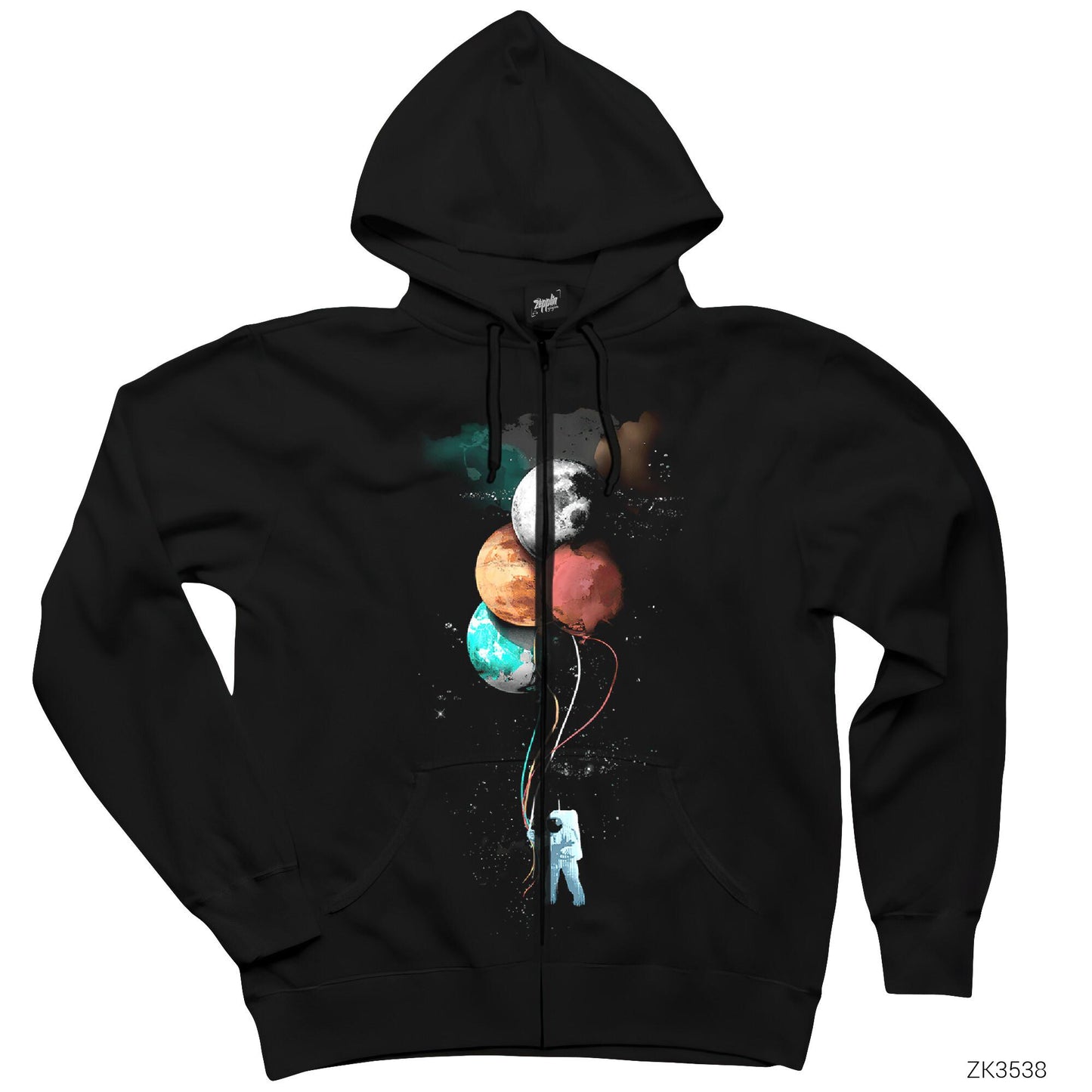 The Spaceman Trip Siyah Fermuarlı Kapşonlu Sweatshirt