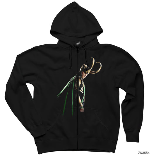 Horned Loki Siyah Fermuarlı Kapşonlu Sweatshirt