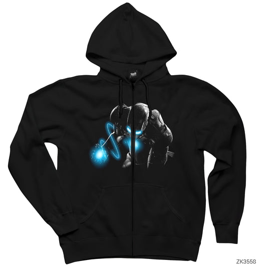 Iron Man Laser Siyah Fermuarlı Kapşonlu Sweatshirt