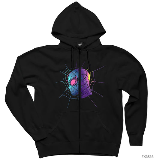 Spiderman Spider Web Siyah Fermuarlı Kapşonlu Sweatshirt