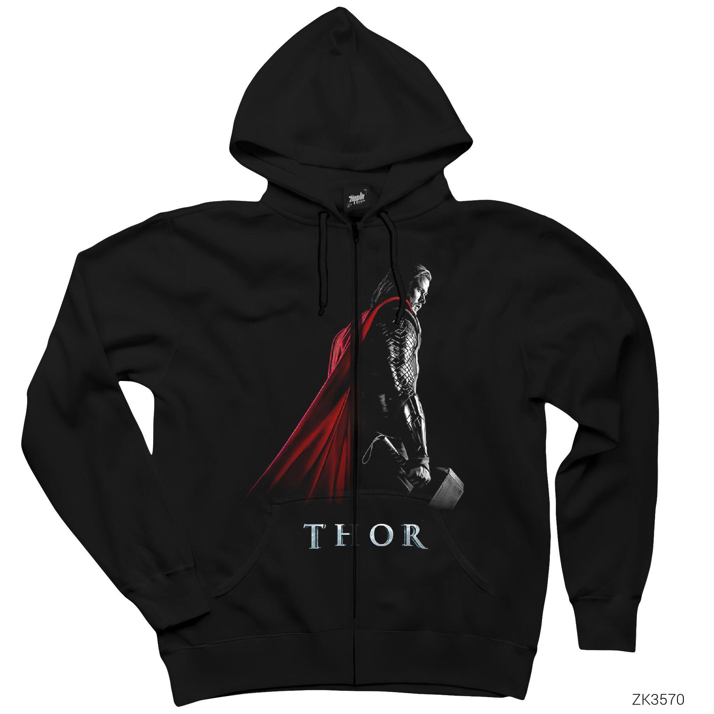 Thor Worthy of Mjolnir Siyah Fermuarlı Kapşonlu Sweatshirt