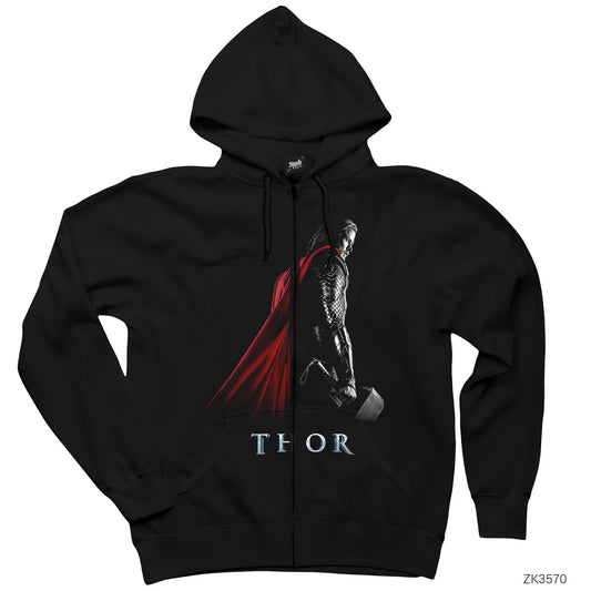 Thor Worthy of Mjolnir Siyah Fermuarlı Kapşonlu Sweatshirt