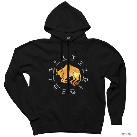 Boğa Burcu Modern Siyah Fermuarlı Kapşonlu Sweatshirt