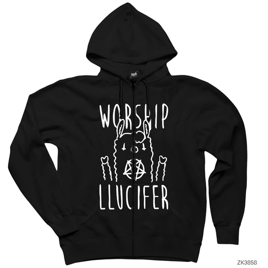 Worship Lucifer Siyah Fermuarlı Kapşonlu Sweatshirt