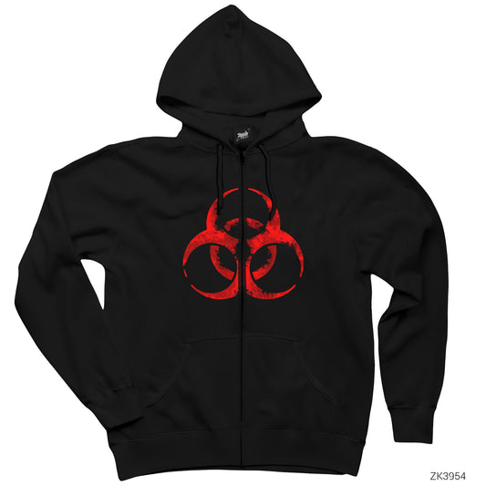 Biohazard Symbol Siyah Fermuarlı Kapşonlu Sweatshirt