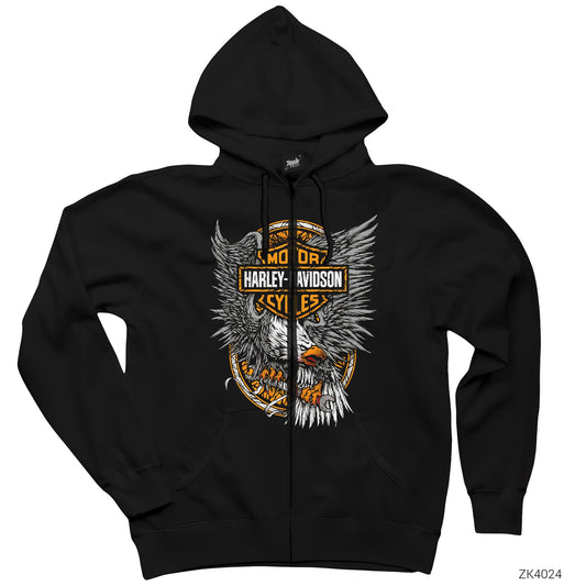 Harley Davidson Engineer Eagle Siyah Fermuarlı Kapşonlu Sweatshirt