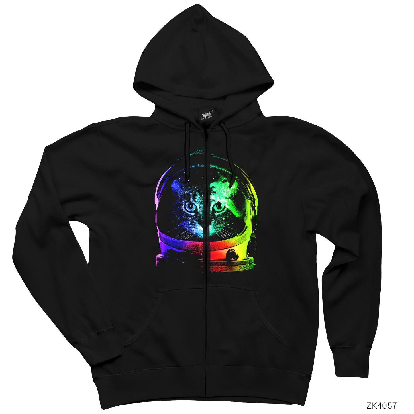 Kedi Galaksi Siyah Fermuarlı Kapşonlu Sweatshirt
