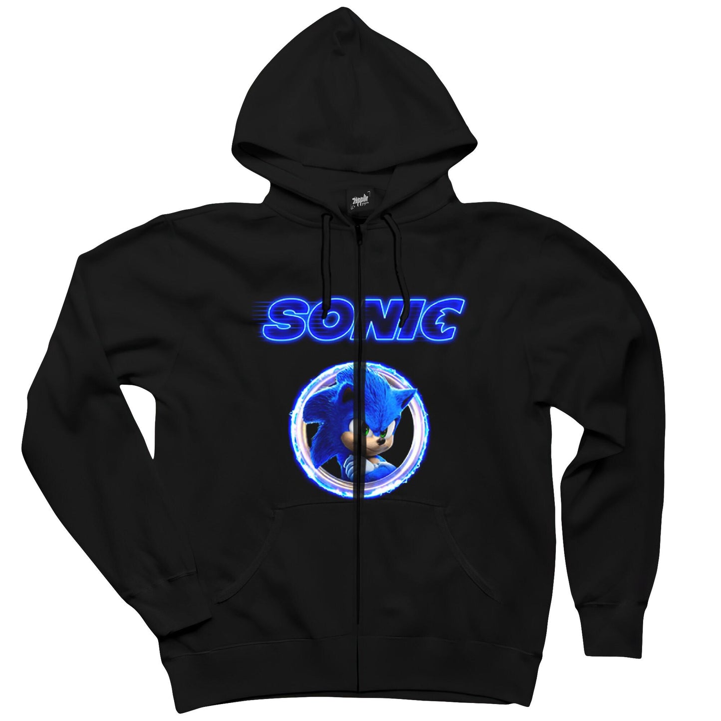 Sonic Light Circle Siyah Fermuarlı Kapşonlu Sweatshirt