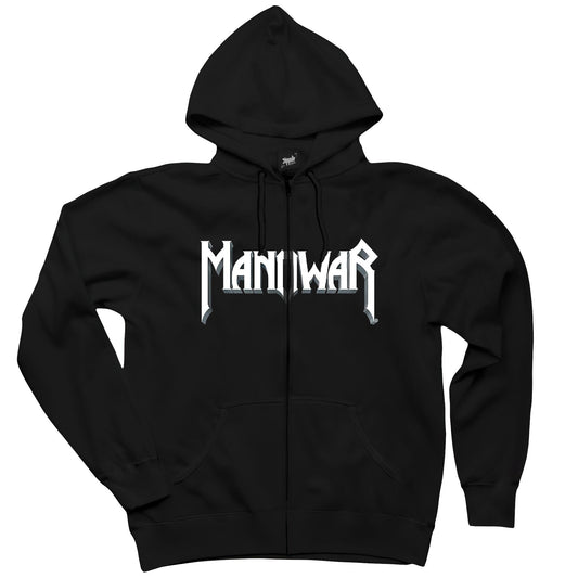 Manowar Logo Classic 2 Siyah Fermuarlı Kapşonlu Sweatshirt