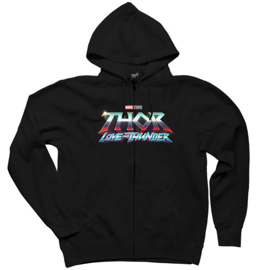 Thor Love And Thunder Logo Blue Siyah Fermuarlı Kapşonlu Sweatshirt