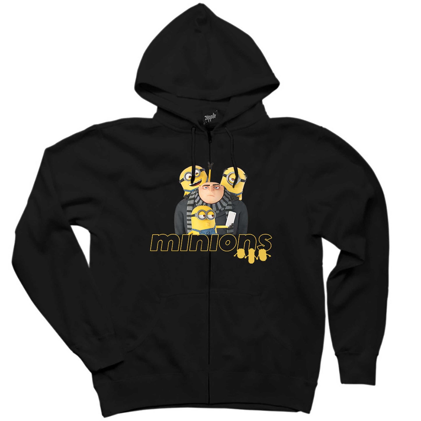 Minions And Gru Selfie Siyah Fermuarlı Kapşonlu Sweatshirt