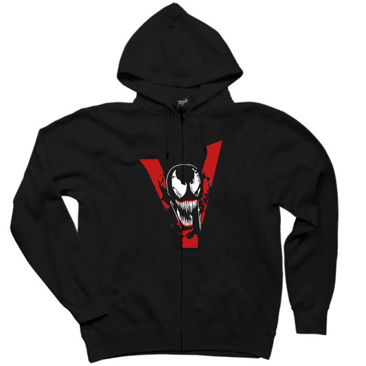 Venom V Siyah Fermuarlı Kapşonlu Sweatshirt
