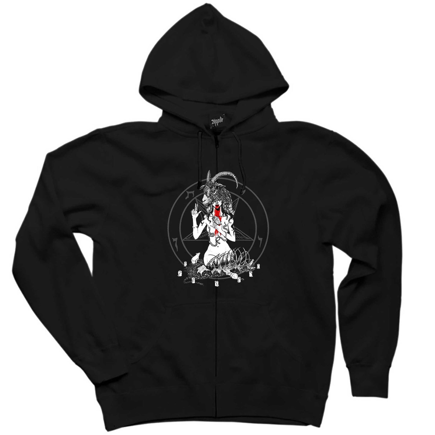 Baphomet Blood Siyah Fermuarlı Kapşonlu Sweatshirt