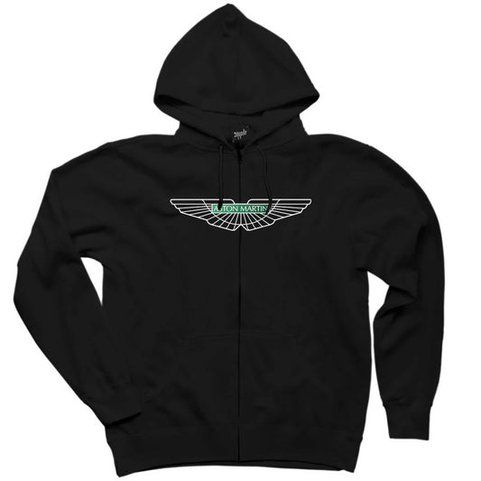 Aston Martin Logo 2 Siyah Fermuarlı Kapşonlu Sweatshirt